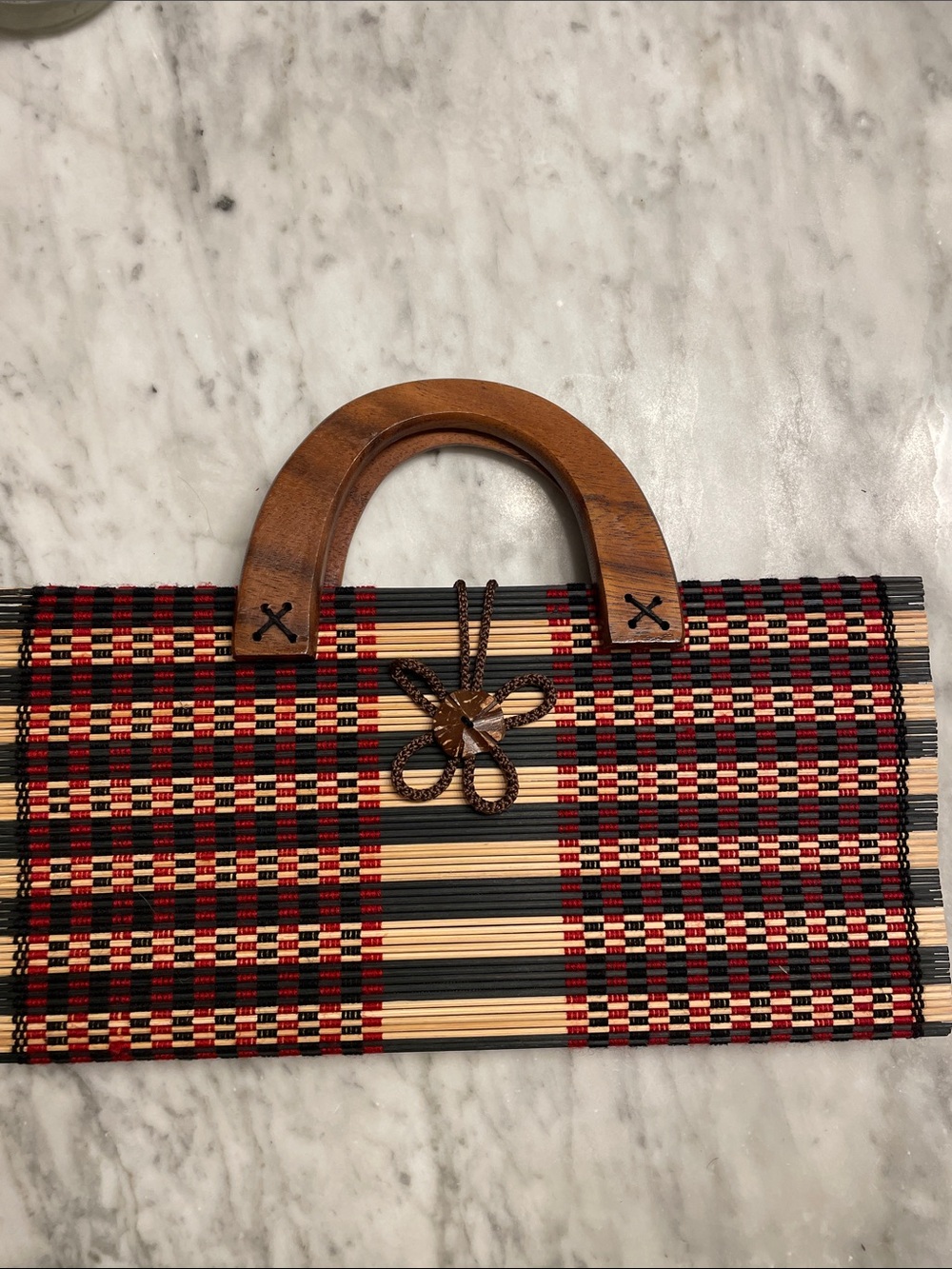 Woven Bamboo Clutch with Wooden Handles - Red, Black & Natural